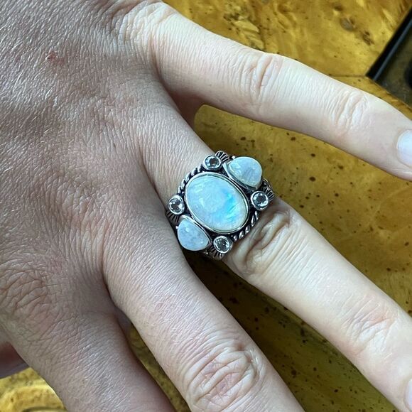 Natural Rainbow Moonstone Sterling Silver Cocktail Ring Size 6 - Picture 4 of 9